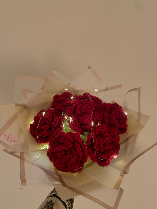 Crochet maroon roses round bouquet