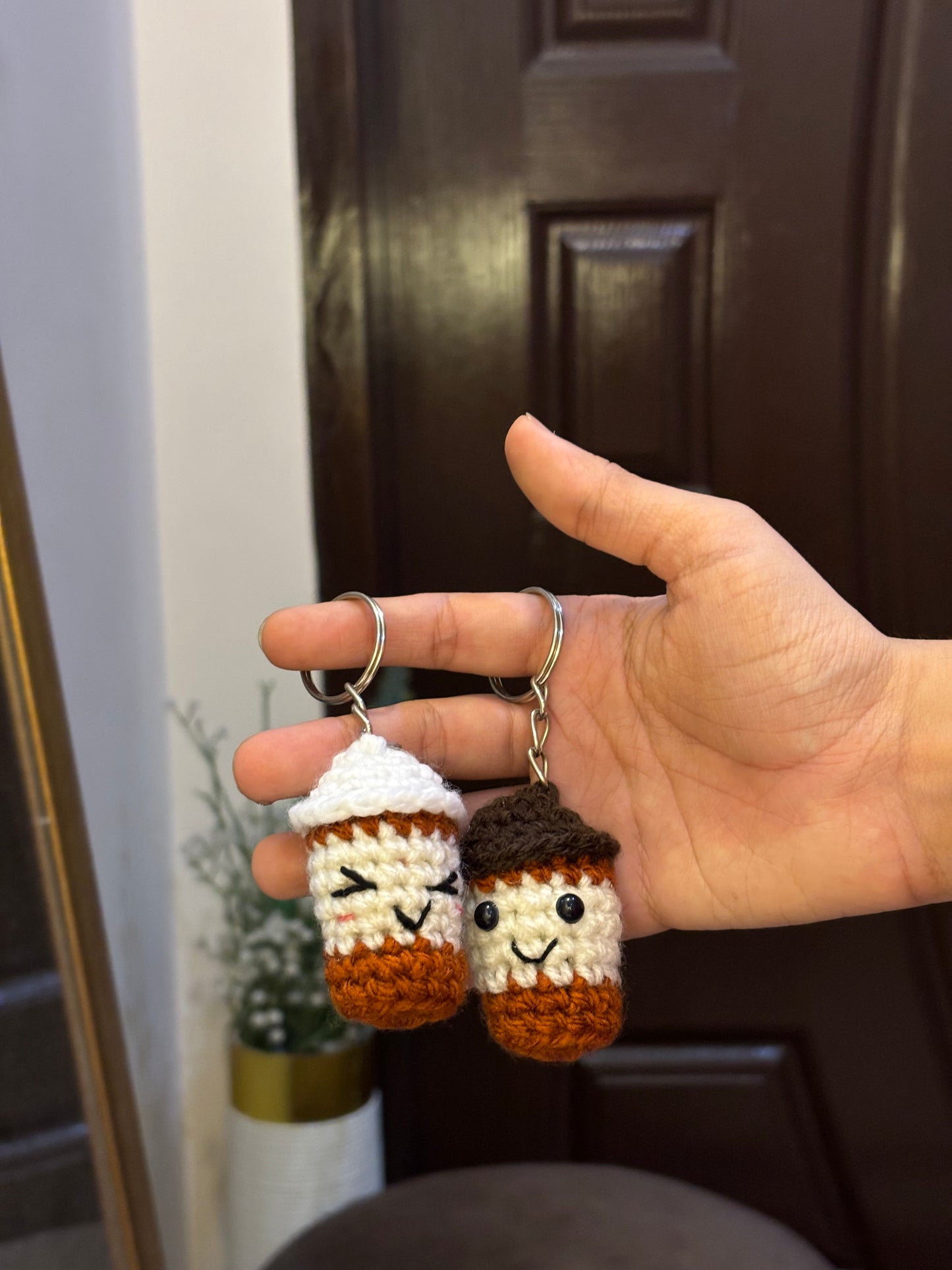 Crochet mini coffe cup keychain pair