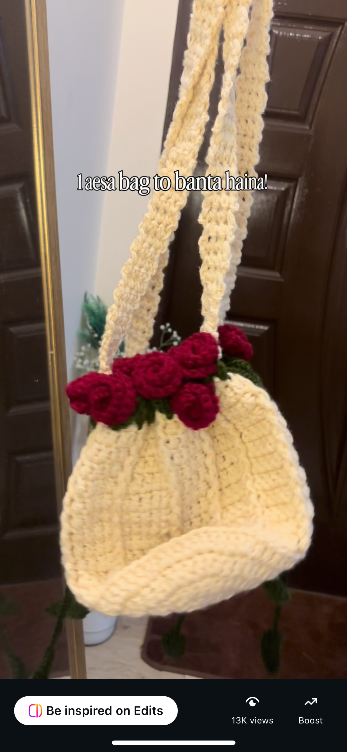 Crochet drawstring rose bag