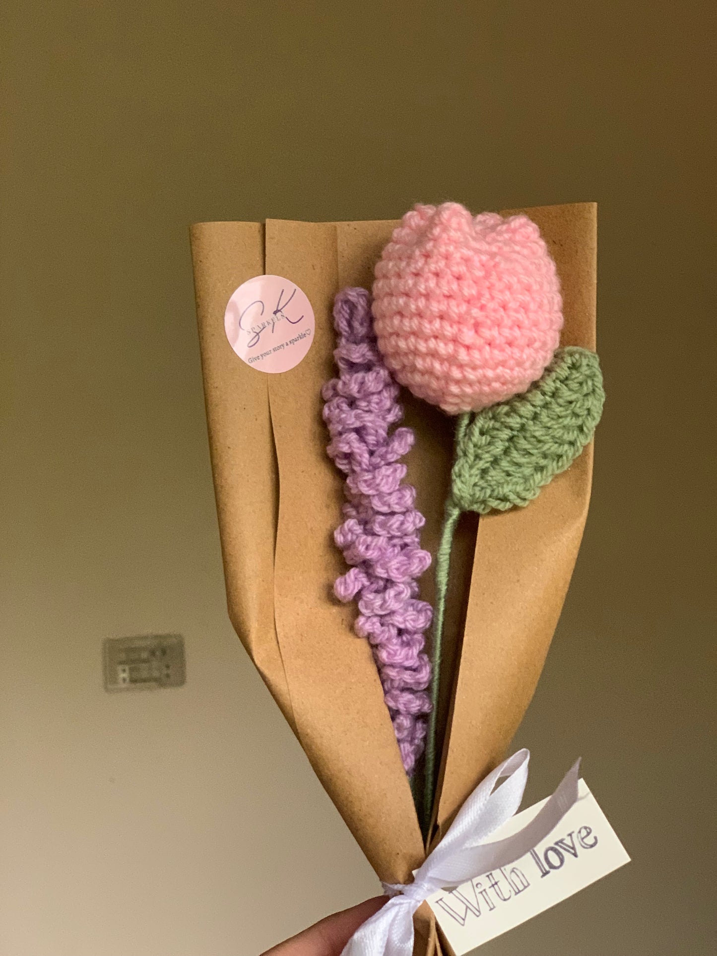 Crochet tulip lavender with complementary khaaki wrapping