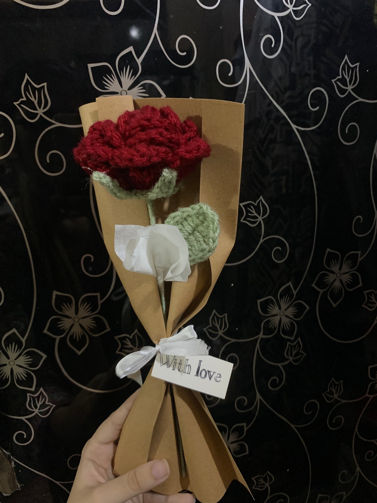 Crochet single rose with complementary khaaki wrapping