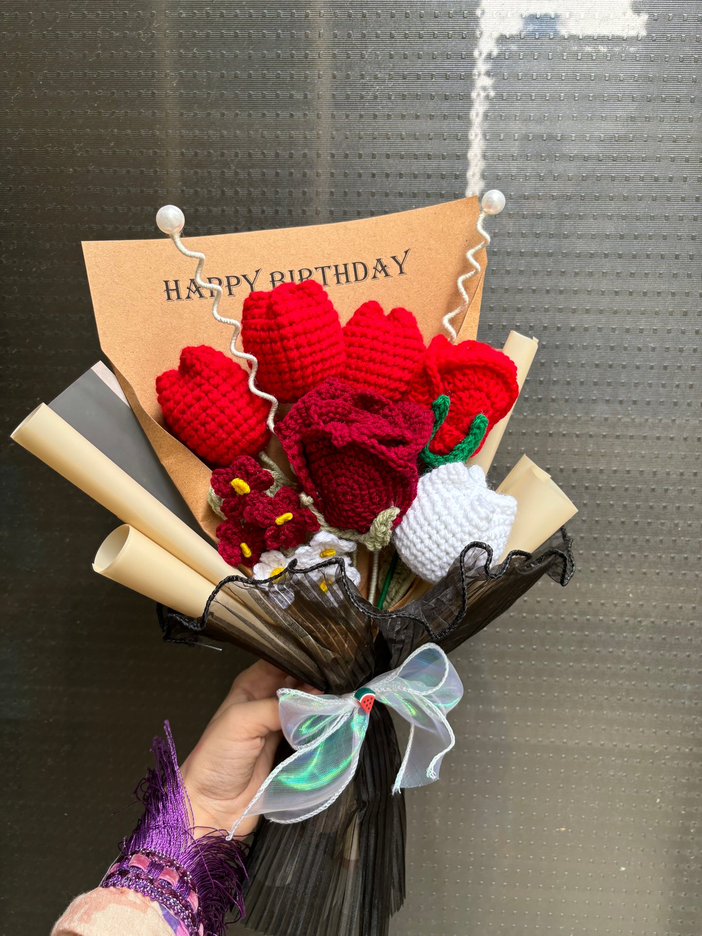 Crochet premium red themed bouquet with happy birthday text