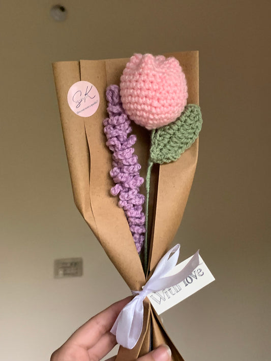 Crochet tulip lavender with complementary khaaki wrapping