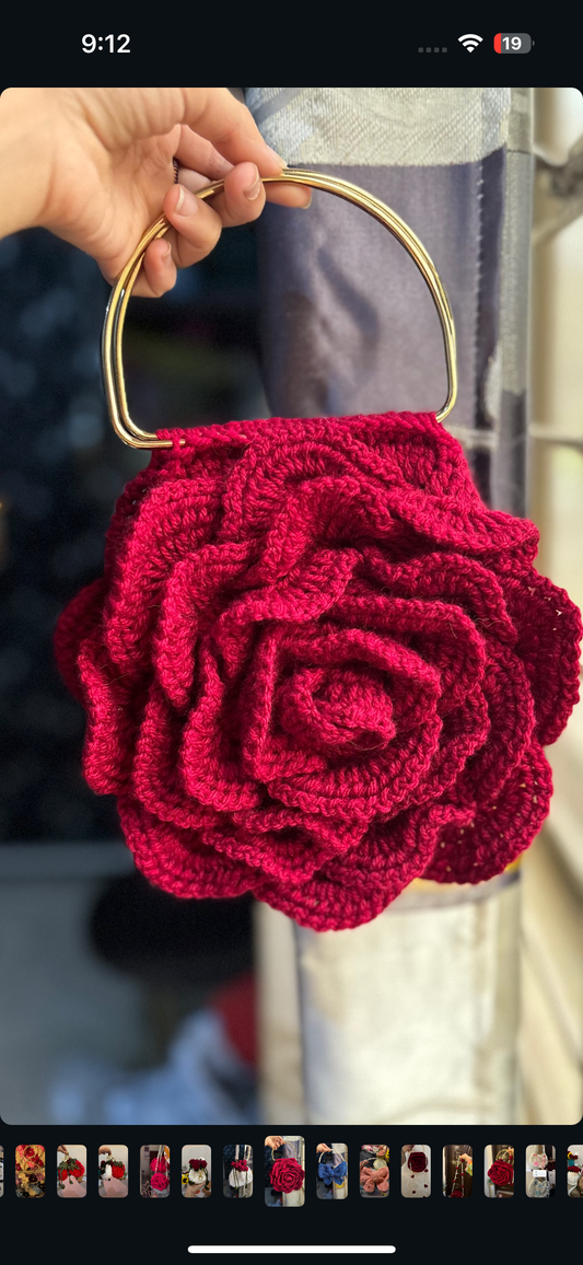 Crochet rose bag with metal handle and chain strap