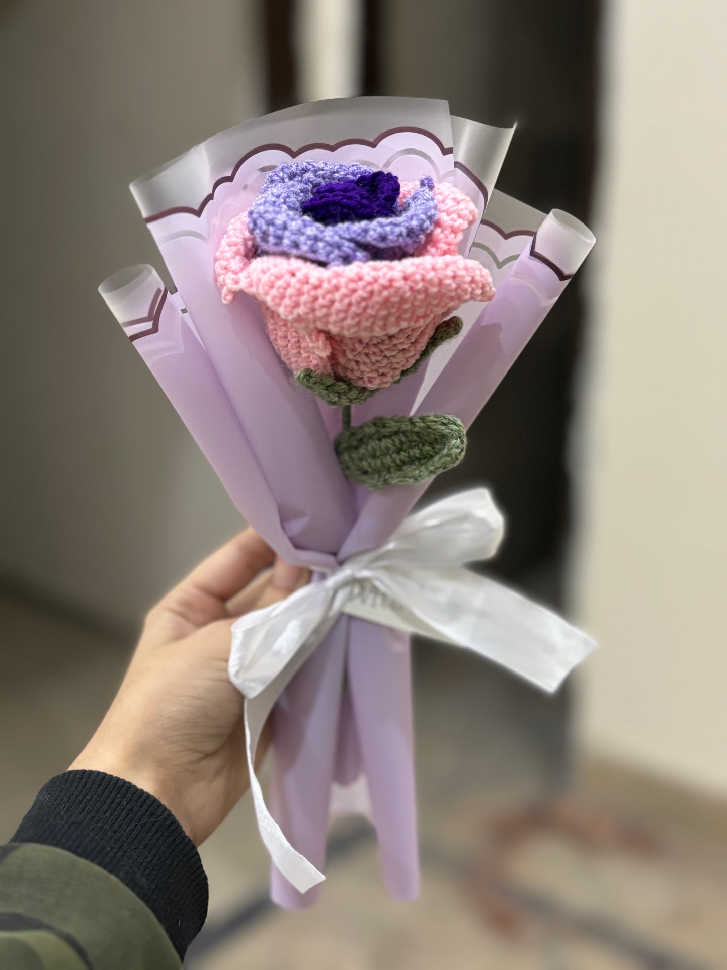 Crochet purple pink themed rose bouquet